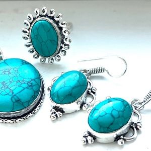 Turquoise Stone Ring Trio Oval Ring Drop Earrings Pendant Set Gift.